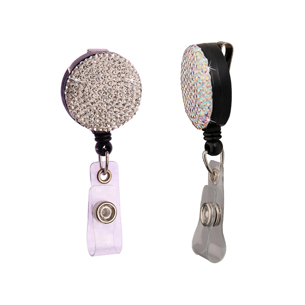 

2Pcs Retractable Round Badge Clips Rhinestone ABS Straps ID Cards Badge Holders Name Tags Work Badges Accessories
