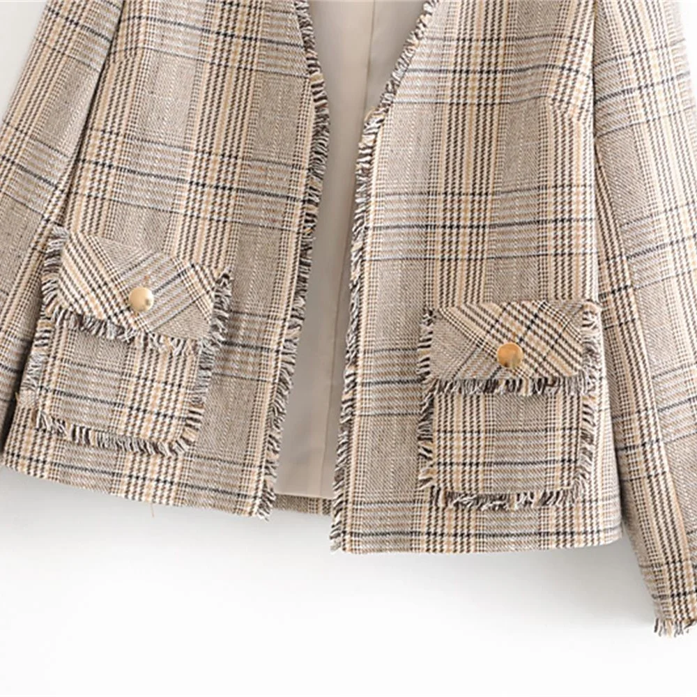 

Autumn 2019 women's new European and American style fashion small fragrant edge fringe Plaid casual suit top08270117830