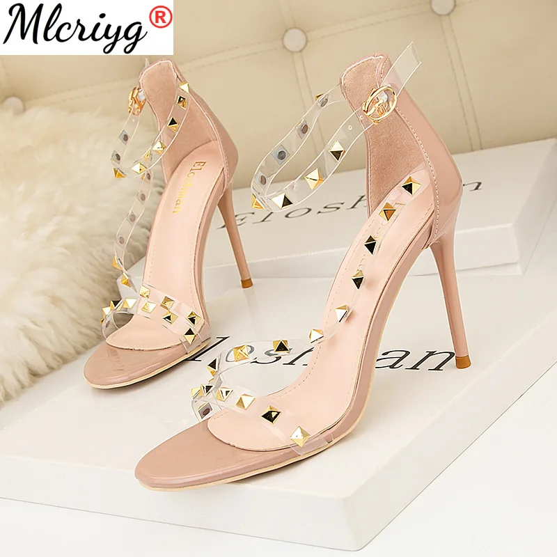 

2021 Summer Thin High Heel Riveting Nail Shallow Mouth Pointed Sexy Nightclub Hollow Line Women's Sandals New Platform Shoes