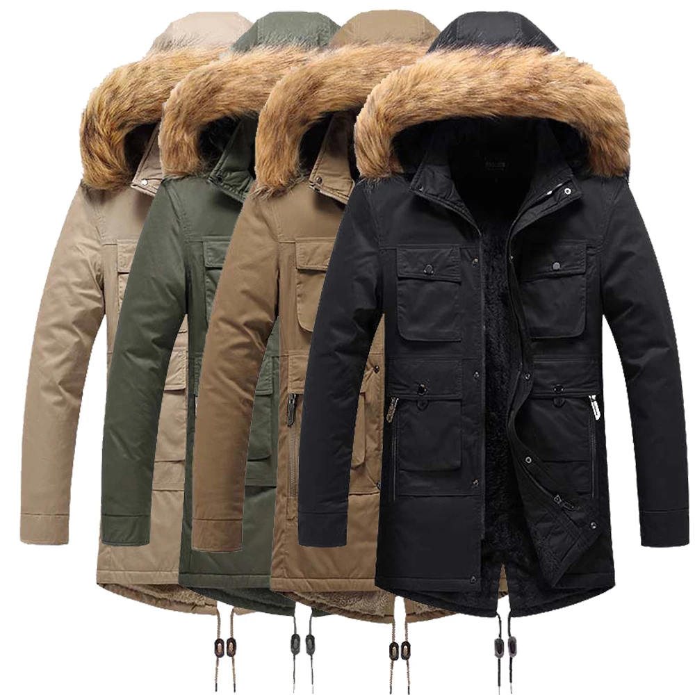 Мужская зимняя куртка Parke с бархатом пальто средней длины со съемным капюшоном