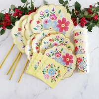 40pcsset flower printing disposable tableware set paper plate cup napkin birthday party wedding picnic decoration supplies