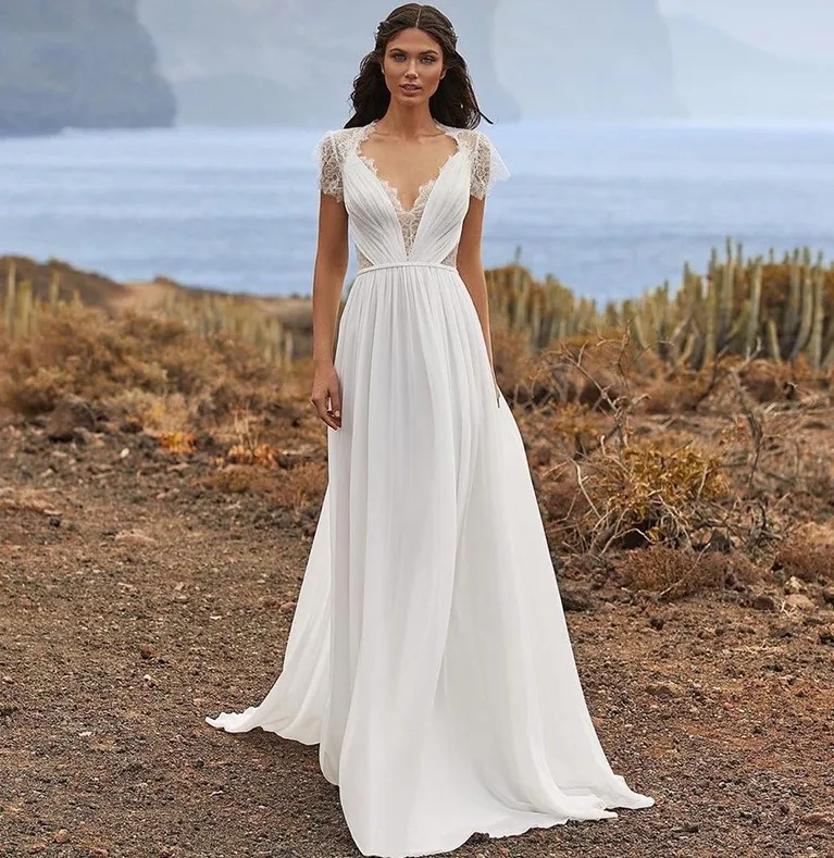 

Simple Wedding Dress 2021 Boho Soft Chiffon A-Line Short Sleeve Sweep Train Lace Back V-neck Bridal Gowns New Robe De Mariee