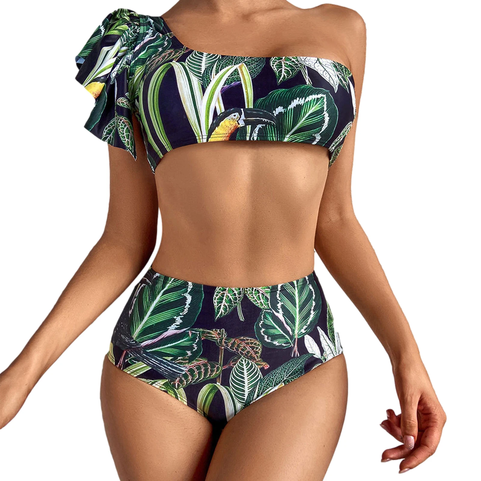 

Summer Ladiess Vacation Style Printed Bikini Suit, Ruffled Single Shoulder Bustier Tops with High Waist Triangle Bottoms