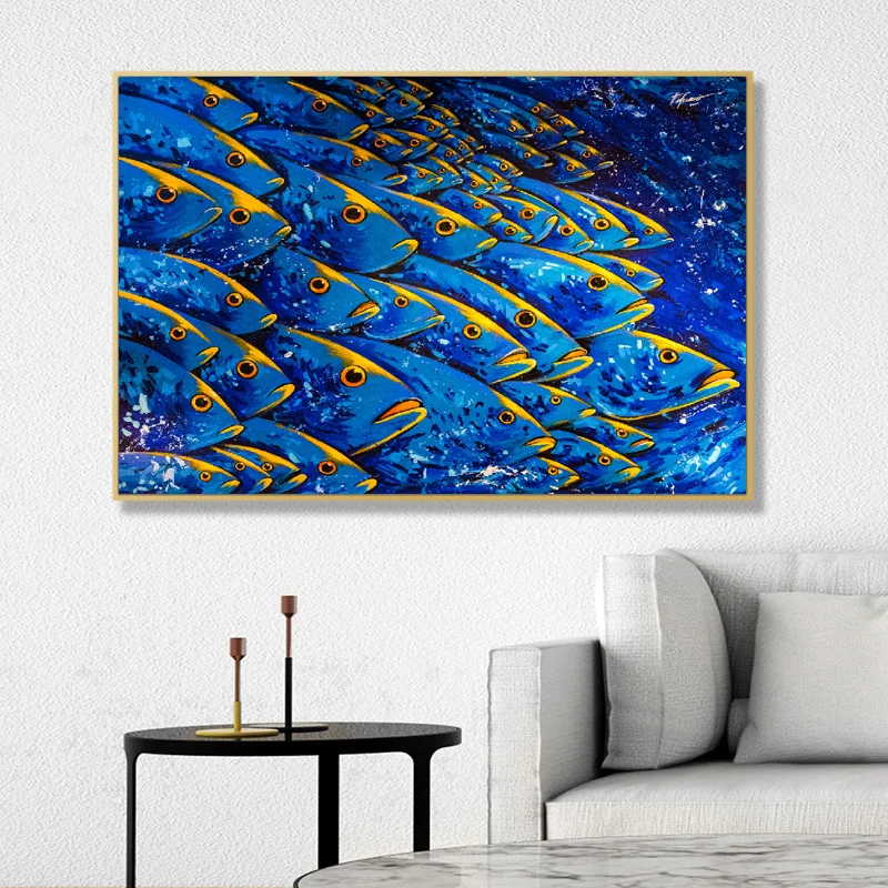 Фото Фотообои абстрактная живопись маслом на холсте с красочными рыбами и принтами