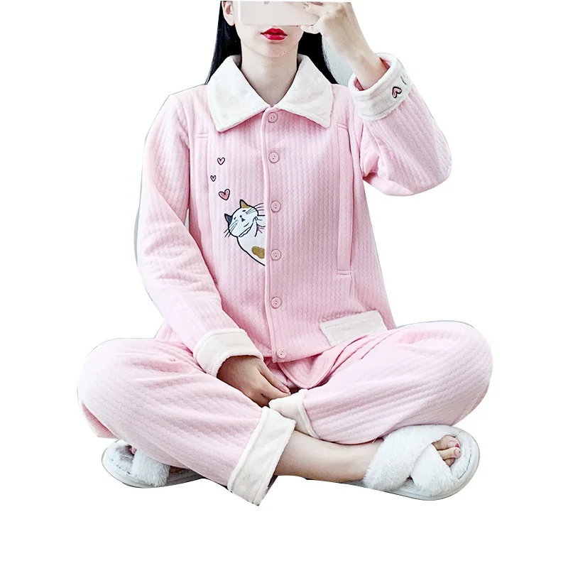 

Plush collar winter three-layer air cotton mezzanine moon suit autumn and winter pregnant women's pajamas invisible lactation