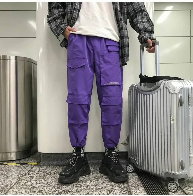 Men Streetwear Cargo Pants 2021 Overalls Mens Baggy Hip Hop Joggers Pants Pockets Harem Pants Purple Sweatpants Korean alibaba pants