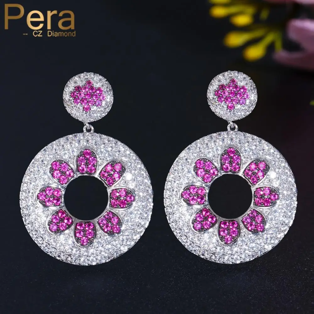 

Pera Top Quality Cubic Zirconia Large Dangling Hot Pink Flower Round Drop Earrings for Women Fashion Brand Party Jewelry E642