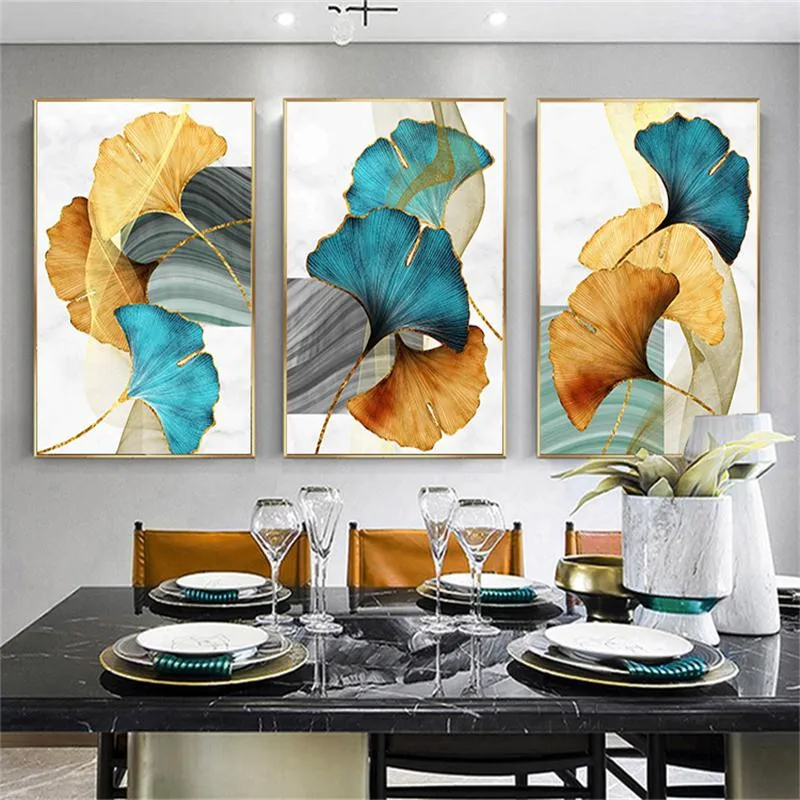 

Modern Blue Green Yellow Gold Plant Leaf Abstract Poster Nordic Canvas Print Wall Art Painting Picture Living Room Decoration