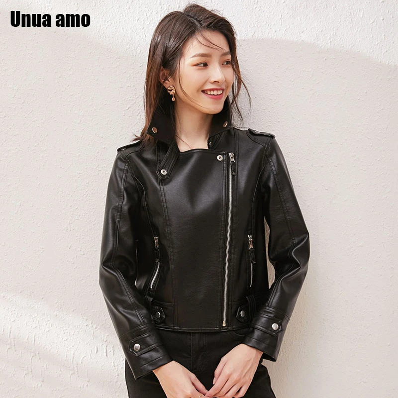 Soft Black PU Leather Women's Jacket Short Slim Motorcycle Locomotive Outerwear Spring Autumn Casual Faux Leather Coats S-XXL