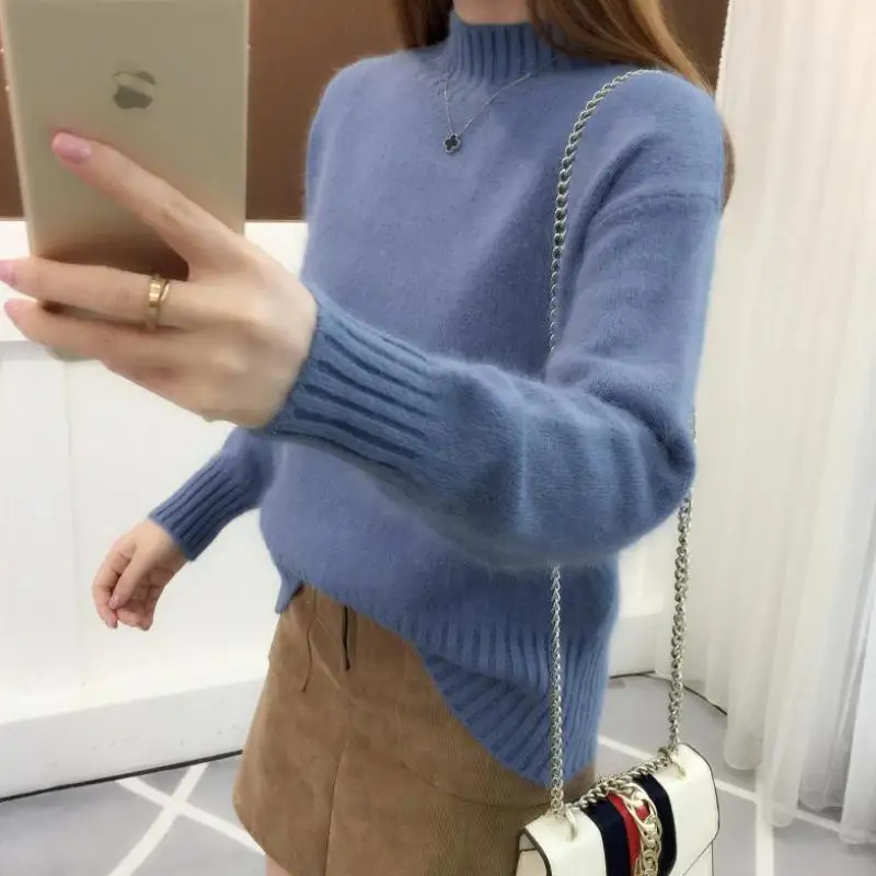 Зимний модный комфортный Однотонный женский теплый свитер для отдыха вязаный