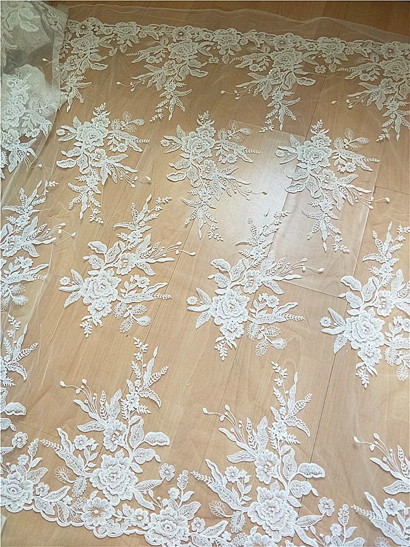 

New Lace Fabric Heavy Embroidery Bridal Lace Fabric Rayon With Clear Sequins Large Patterns Lace Fabric 1 Yard