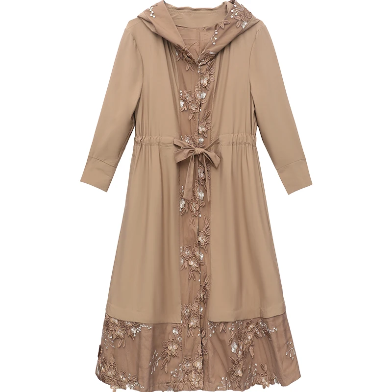 Женская ветровка с капюшоном и кружевом винтажная Длинная вышивкой 2021 - купить по