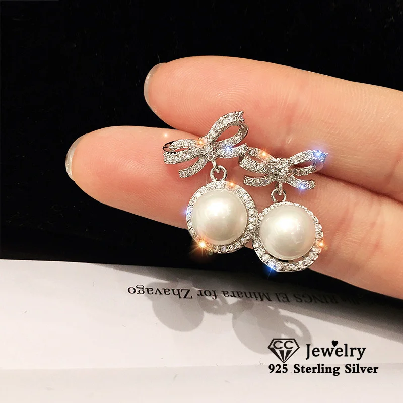 

CC Bowknot Stud Earrings For Women Cute Accessories White Pearl 18K White Gold Plated Fine Jewelry Earring Drop Shiping CCE775