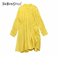 twotwinstyle ruched long sleeve shirt dress female lantern sleeve asymmetrical casual dresses women big sizes 2020 autumn new
