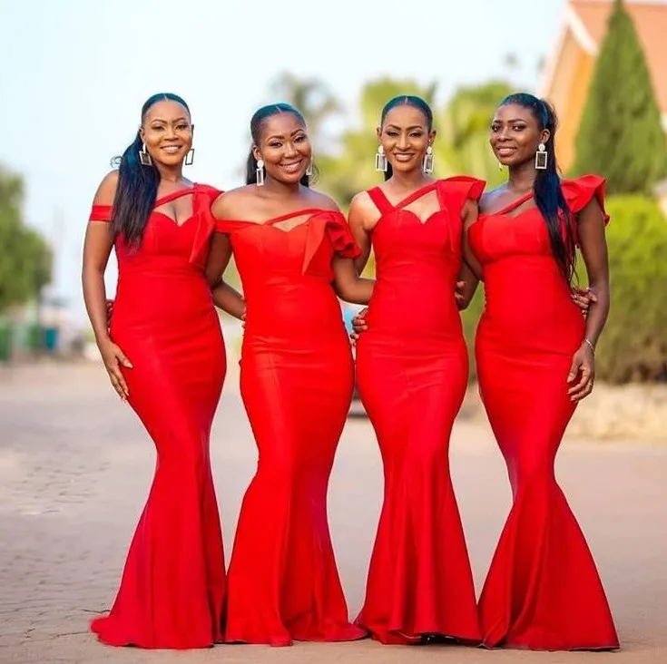 

Красные платья подружки невесты на одно плечо с оборками, атласное платье в африканском стиле для свадебной вечеринки, платье в пол, свадебн...