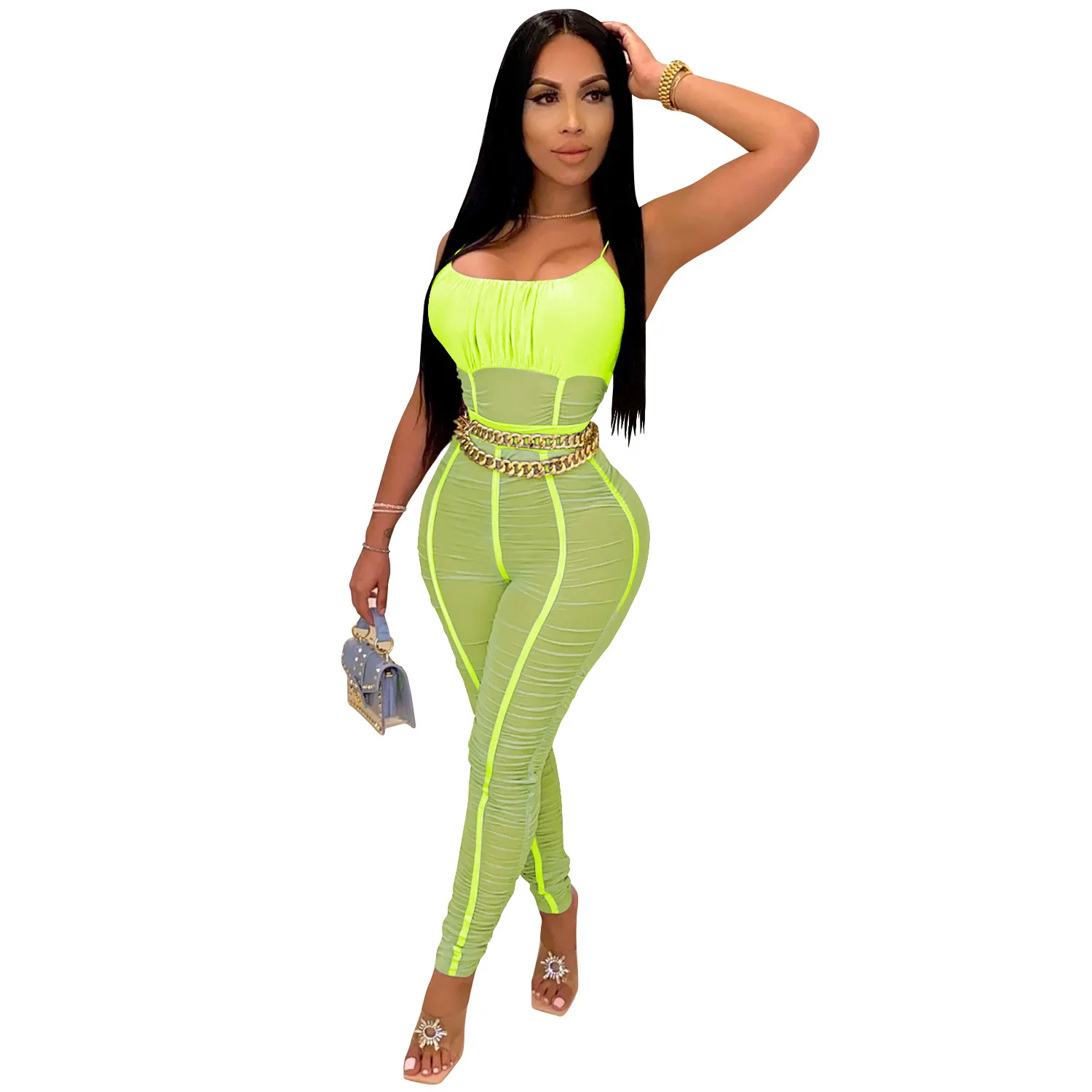 

Zoctuo Mesh See Though Rompers and Jumpsuits for Women Spaghetti Strap Club Romper Stacked Sexy Party Jumpsuit Streetwear Romper
