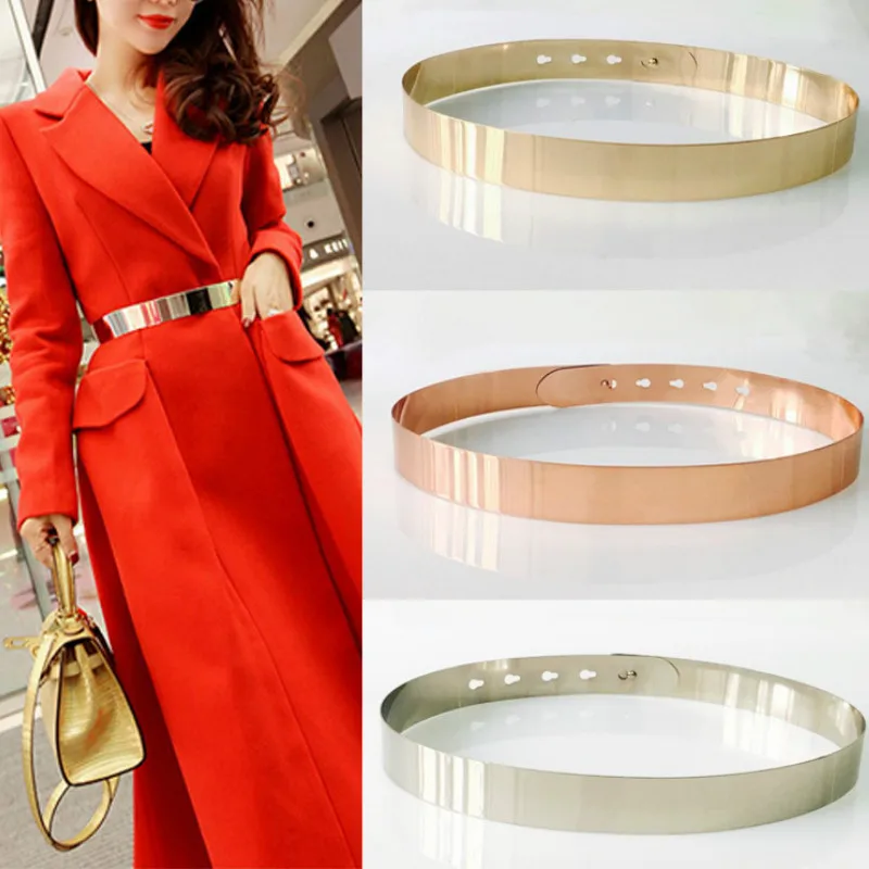 

2021 Fashion Women Adjustable Metal Waist Belt Bling Gold Silver Color Plate Vintage Lady Simple Belts Mirror Waistband