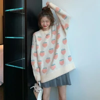 knitted sweater japanese sweet lazy strawberry fruit cute long sleeve autumn winter oversized pink girl woman top hot sale 2021