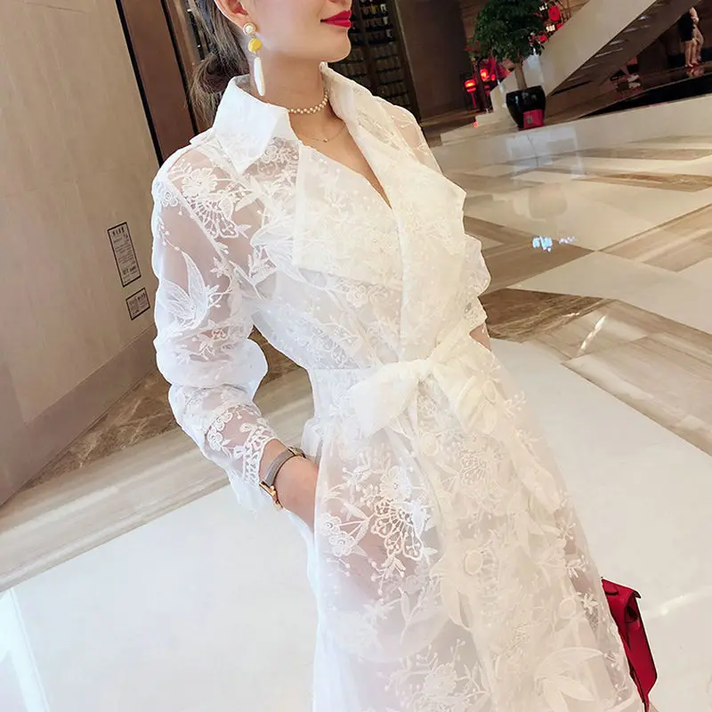 

Embroidery White Lace Trench Coats For Women 2021 Turn-Down Collar See Through Slim Belt Elegant Office Lady Outwear Tops