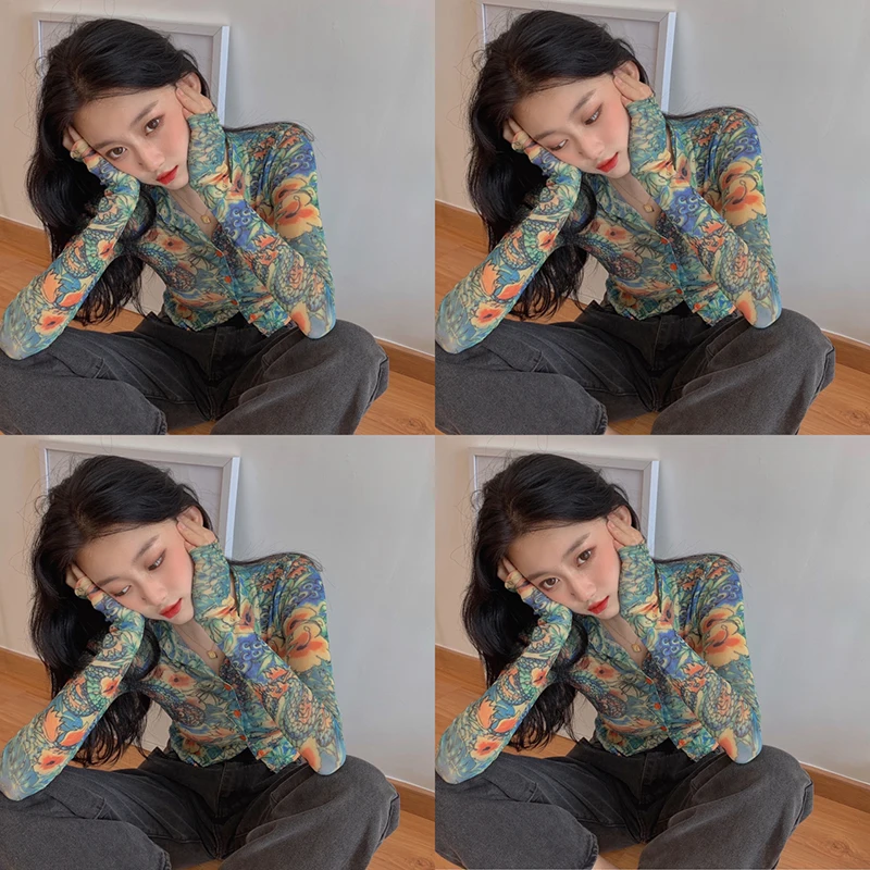 

Print Women Blouses Streetwear Crop Top Korean Clothes Fashion Brand Autumn Style Lace Mesh Shirts Slim Ladies Floral New