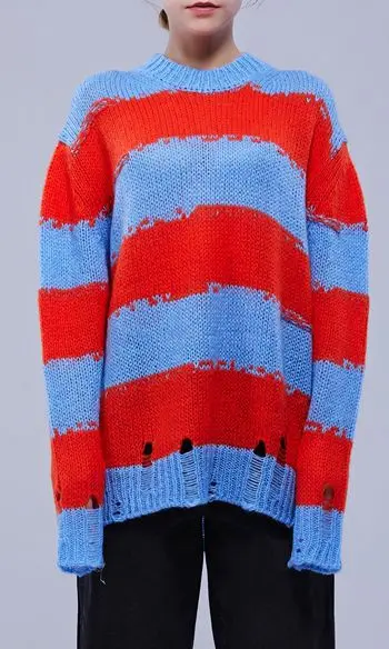 

2020 Women's Autumn and Winter New Woolen Sweater Ripped Striped Mohair Hollow Knit Bottoming Shirt