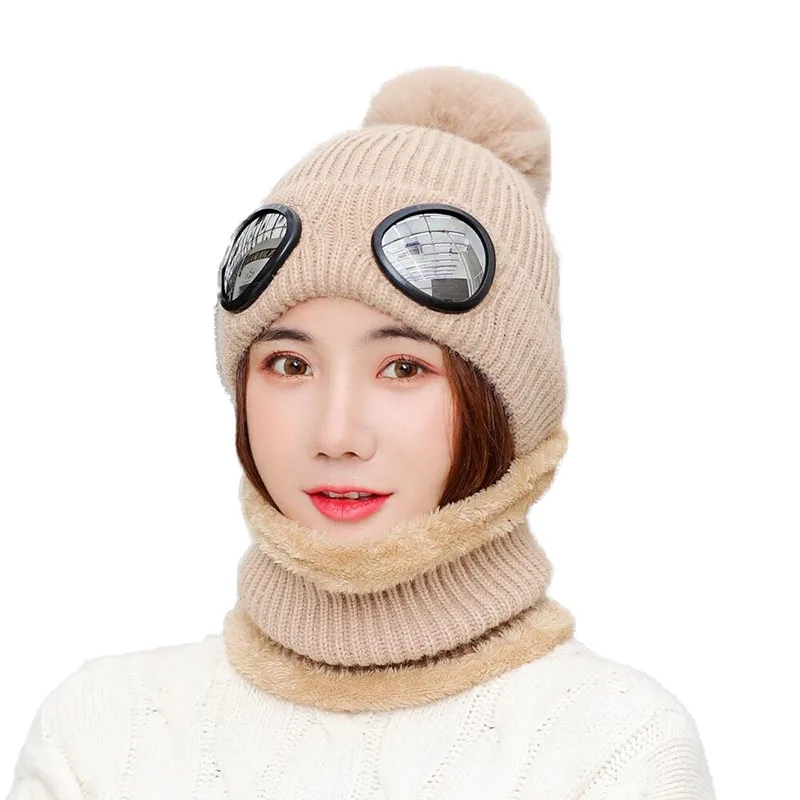 

Knitted Warm Winter Hat Beanies Skullies Removable Ski Beanie with Glasses for Men Women Outdoor Sports Cap 2 pieces Set