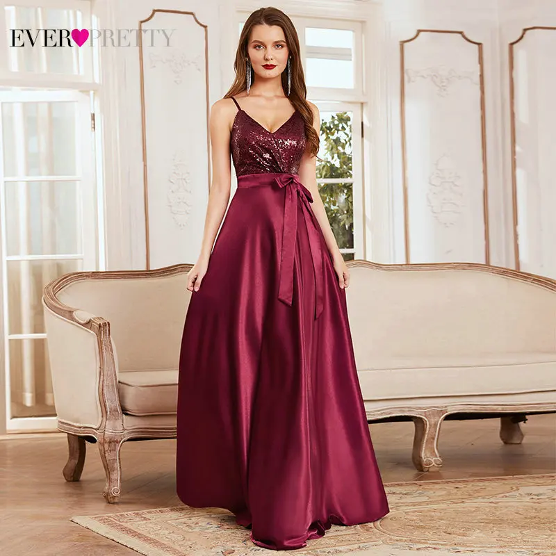 

Burgundy Satin Evening Dresses With Sequin Bodice Ever Pretty Elegant V Neck Spaghetti Strap Formal Maxi Gown Vestidos De Fiesta