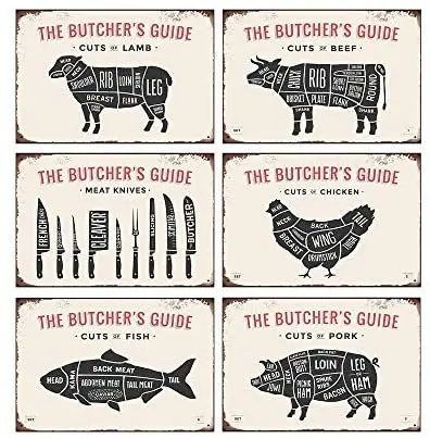 

Mora color 6PCS CUTS OF LAMB BEEF CHICKEN MEAT KNIVES Tin Signs THE BUTCHER'S GUIDE Retro Posters Bar Pub Wall Decor - 20X30cm
