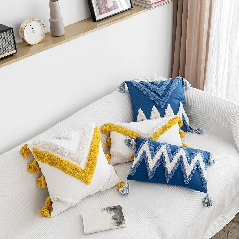 

Throw Pillow Covers Boho Modern Tribal Decoration Blue Tufted Fringe Tassel Couch Cushion Case for Bedroom Living Room Sofa Car