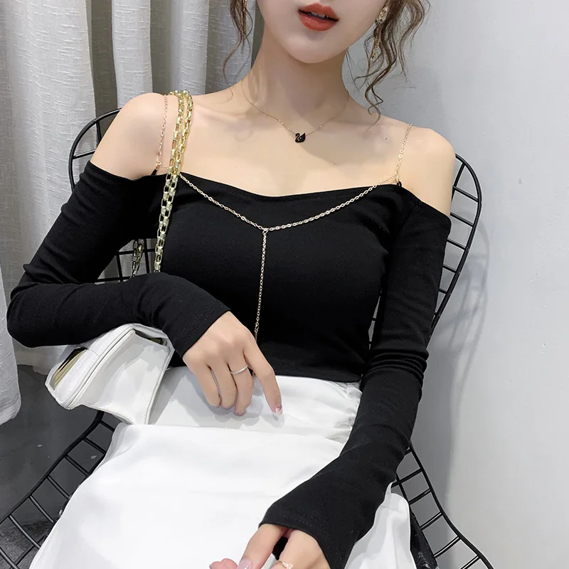 

Однотонные футболки с длинным рукавом, однотонные Соблазнительные футболки с воротником-лодочкой и открытыми плечами на бретелях-цепочках...