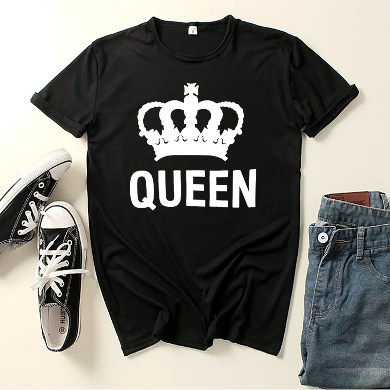 

King Queen Couples T Shirt Queen Crown Print Couple Tshirt Summer Fashion Woman T-shirt Casual O-Neck Tops Lovers Tee Shirt