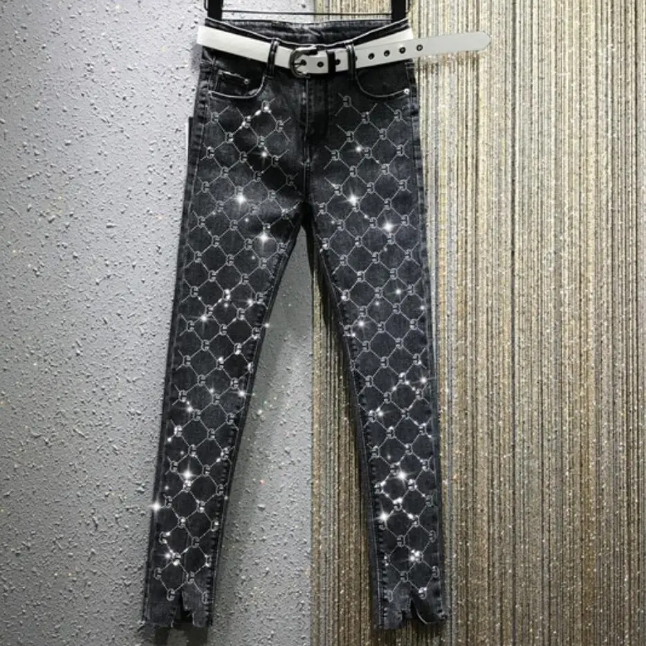 Женские эластичные джинсы узкие карандаш с высокой талией и стразами весна