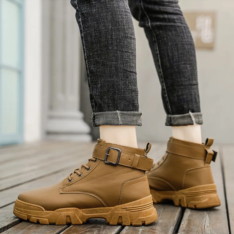 

Motorcycle Leather Boots for Men Platform Shoes Homme Casual Lace Up Boots Men Spring Autumn Ankle Boots Mens Waterproof Shoes