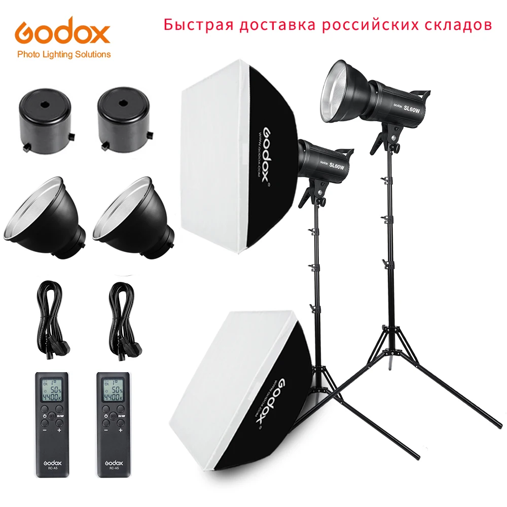 2x Godox SL-60W 60Ws 5600K Studio LED Continuous Photo Video Light+ 2x 1.8m Light Stand+ 2x 60x90cm Softbox LED Light Kit