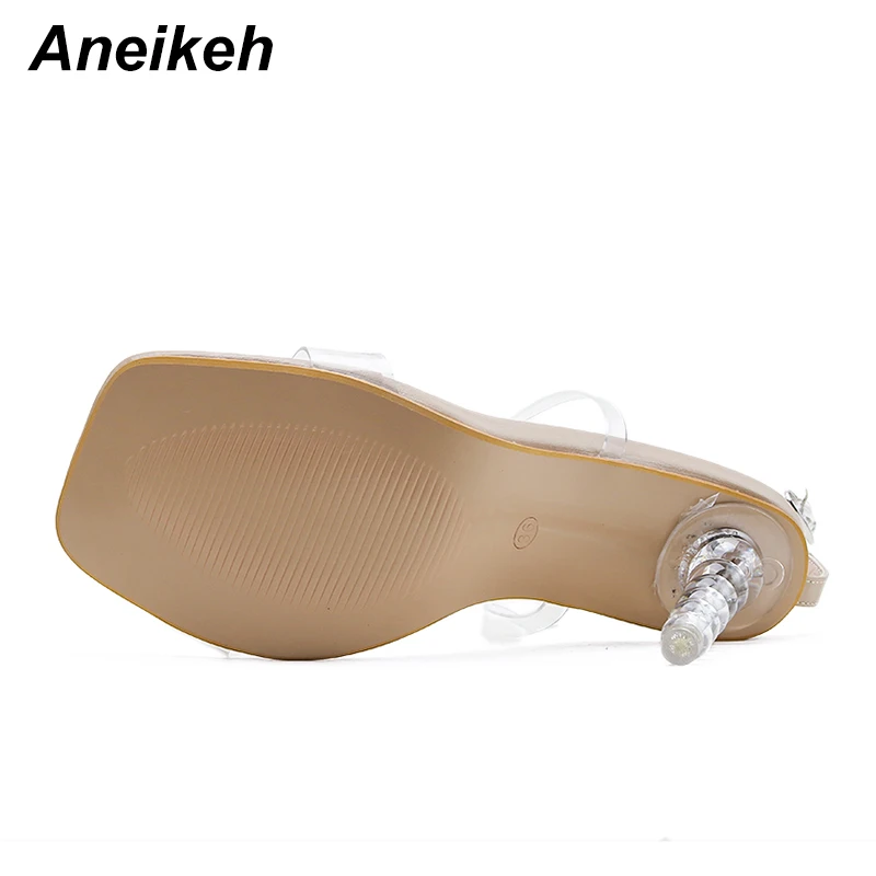 

Aneikeh Summer Women Shoes Sandals Ankle-Wrap PVC Fashion Narrow Band Thin Heels Buckle Strap Back Strap Party Apricot Black New