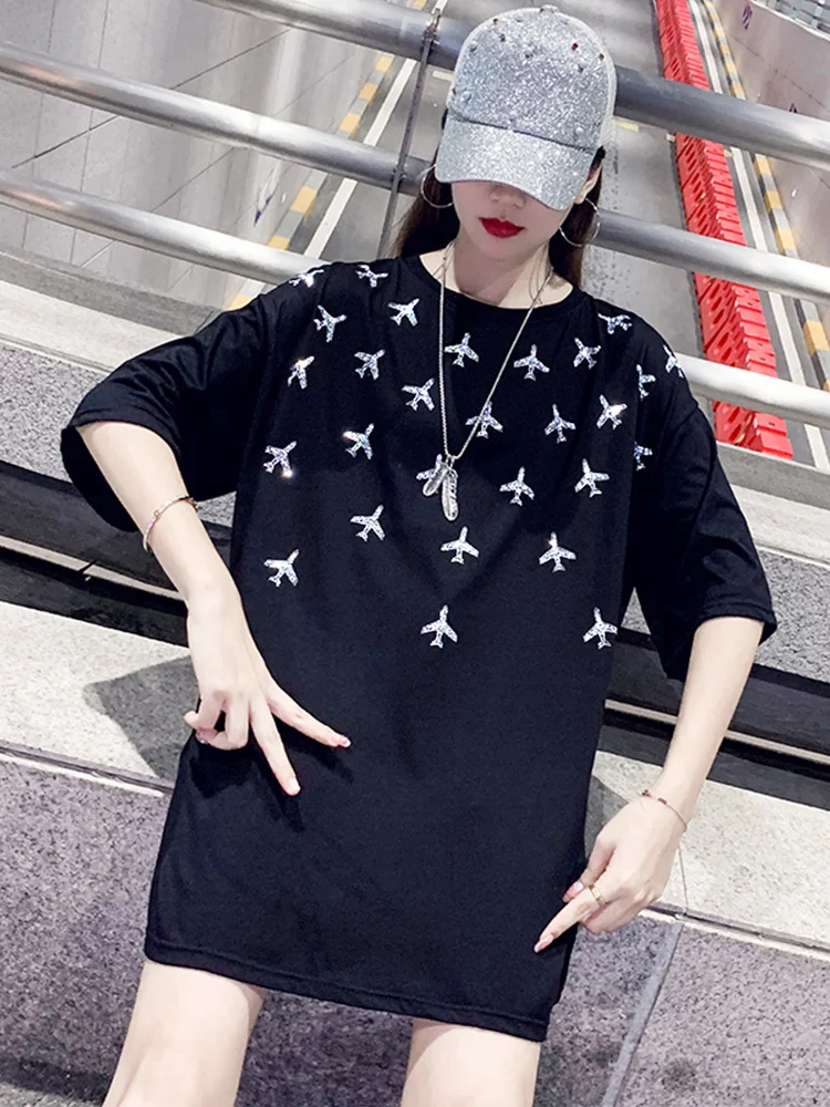 

QING MO Black White Women Rhinestone T Shirt 2021 Spring Summer Women Airplane Printed T Shirt Female Plus Size T Shirt ZQY6774