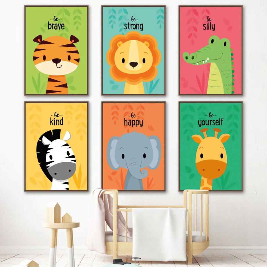 Мультяшная картина для детской комнаты Лев слон Зебра жираф Настенная