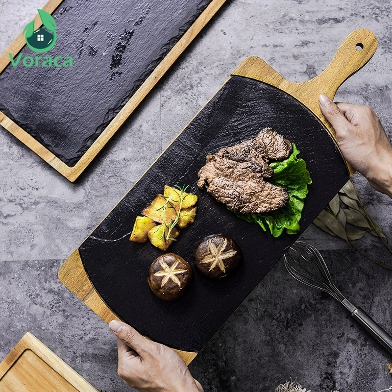 Японский естественный сланец Западная обеденная тарелка твердый деревянный