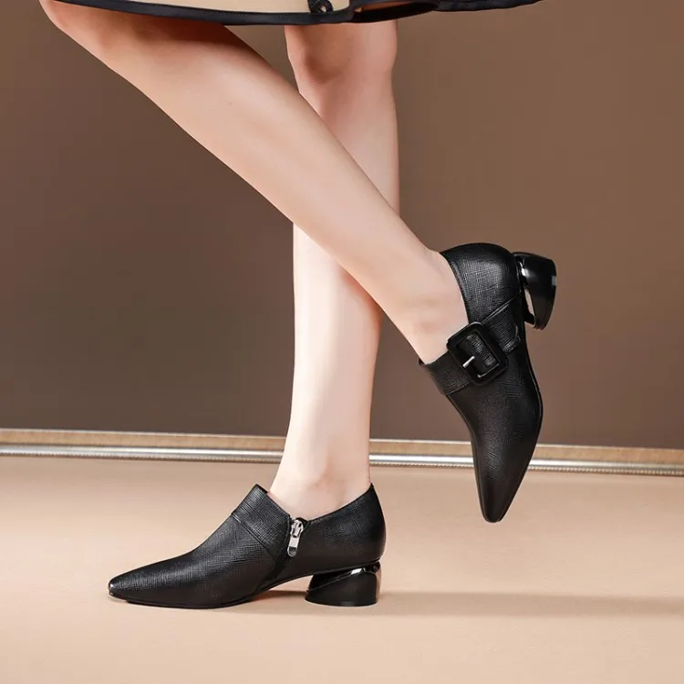 

GPOKHDS 2021 Women Pumps Cow leather Autumn Spring Zippers Buckle Strap Round Heel Pointed toe High Heels Pumps Size 40