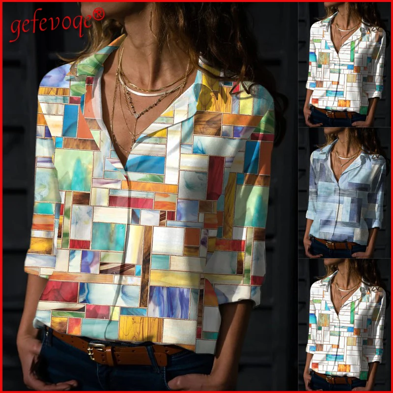 

New Spring Autumn Clothes Women 2021 Fashion Elegant Blouses Casual Geometric Print Button Up Shirt Blouse Plus Size Ladies Tops