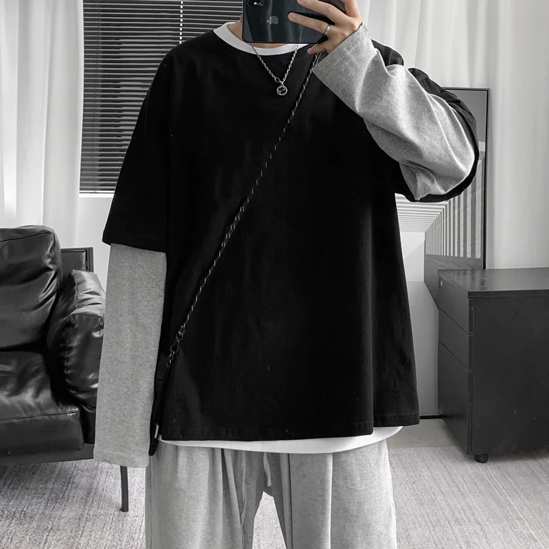 Хлопковая футболка с длинным рукавом свободного кроя в стиле Харадзюку большого