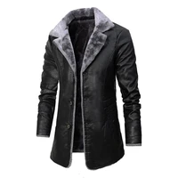 2020 winter mens leather jacket solid color lining velvet business lapel medium length keep warm black leather windbreaker