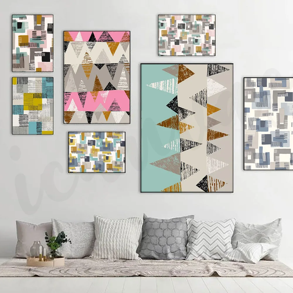

Abstract Triangle and Line Geometry Wall Art Pink Canvas Painting Posters and Prints Wall Pictures for Living Room Home Decor