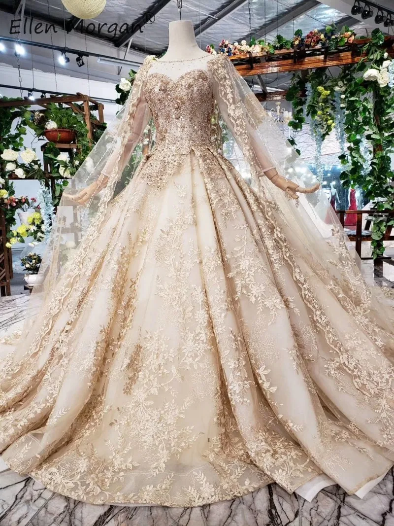 Золотые кружевные свадебные платья из Саудовской Аравии с длинными рукавами