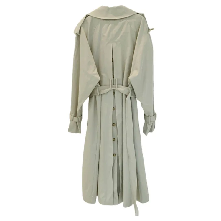 

2021 OL Loose Belted Split Female Blue Windbreaker Fashion Autumn Minimalist Elegant Double Breasted Women Long Trench Coats