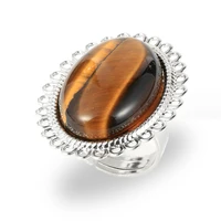 women men natural stone tiger eye turquoises finger ring oval gem stone crystal onyx copper open resizable joint rings jewelry