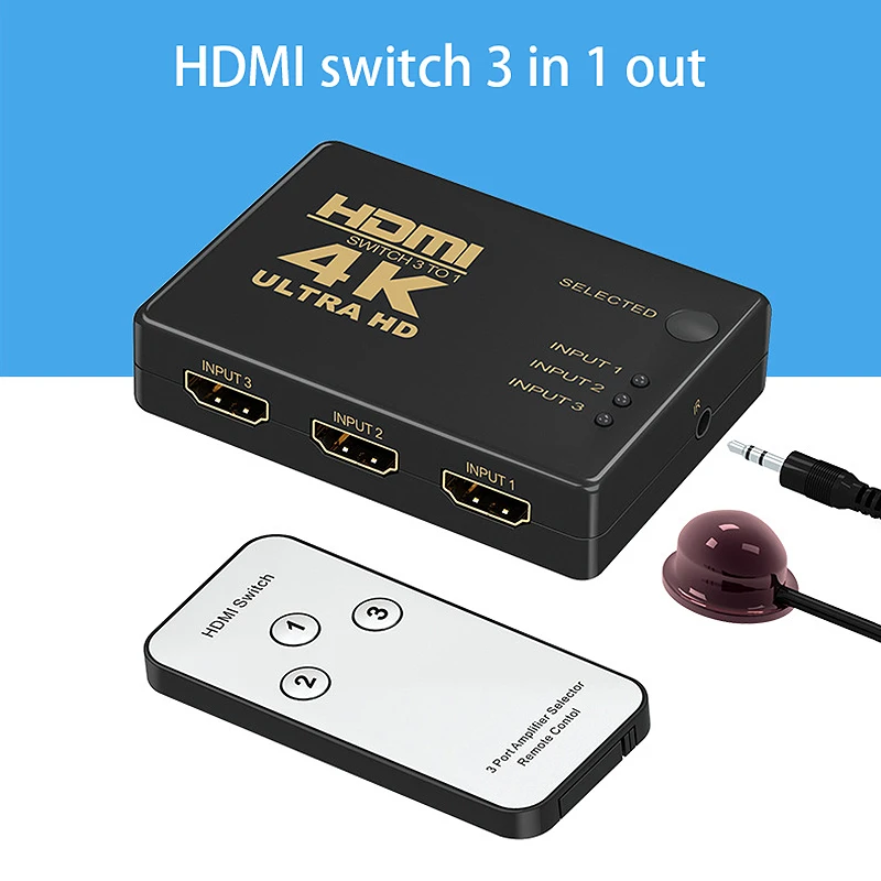Коммутатор HDMI 3-в-1 поддержка 4K Full HD 1080P 3D Инфракрасный пульт дистанционного