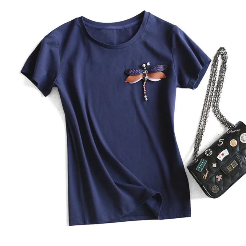 Женская хлопковая Футболка с рисунком стрекозы черная или белая Повседневная
