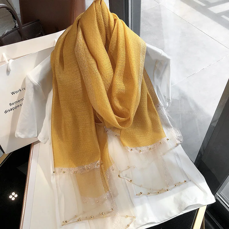 

Autumn Winter 6 Colors Bright Scarf Women Silk Wool Blend Beading Scarves Large Thin Wraps Shawl Luxury Pashmina Accessories
