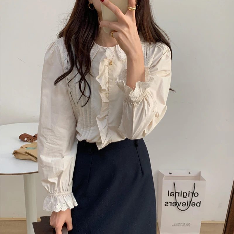 Весенняя Свободная белая плиссированная рубашка с длинным рукавом в корейском